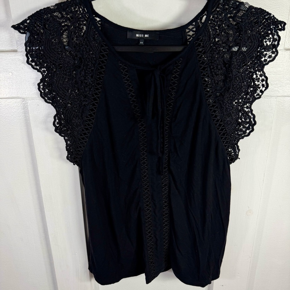 Miss Me‎ Black Crochet Lace Sleeve Tie Neck Tunic Top XS Made in China